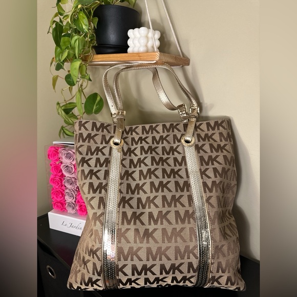 Michael Kors Gold Sequin Tote MK Monogram Shoulder Bag - Picture 3 of 5